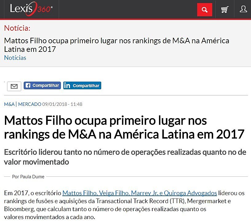 Mattos Filho ocupa primeiro lugar nos rankings de M&A na Amrica Latina em 2017